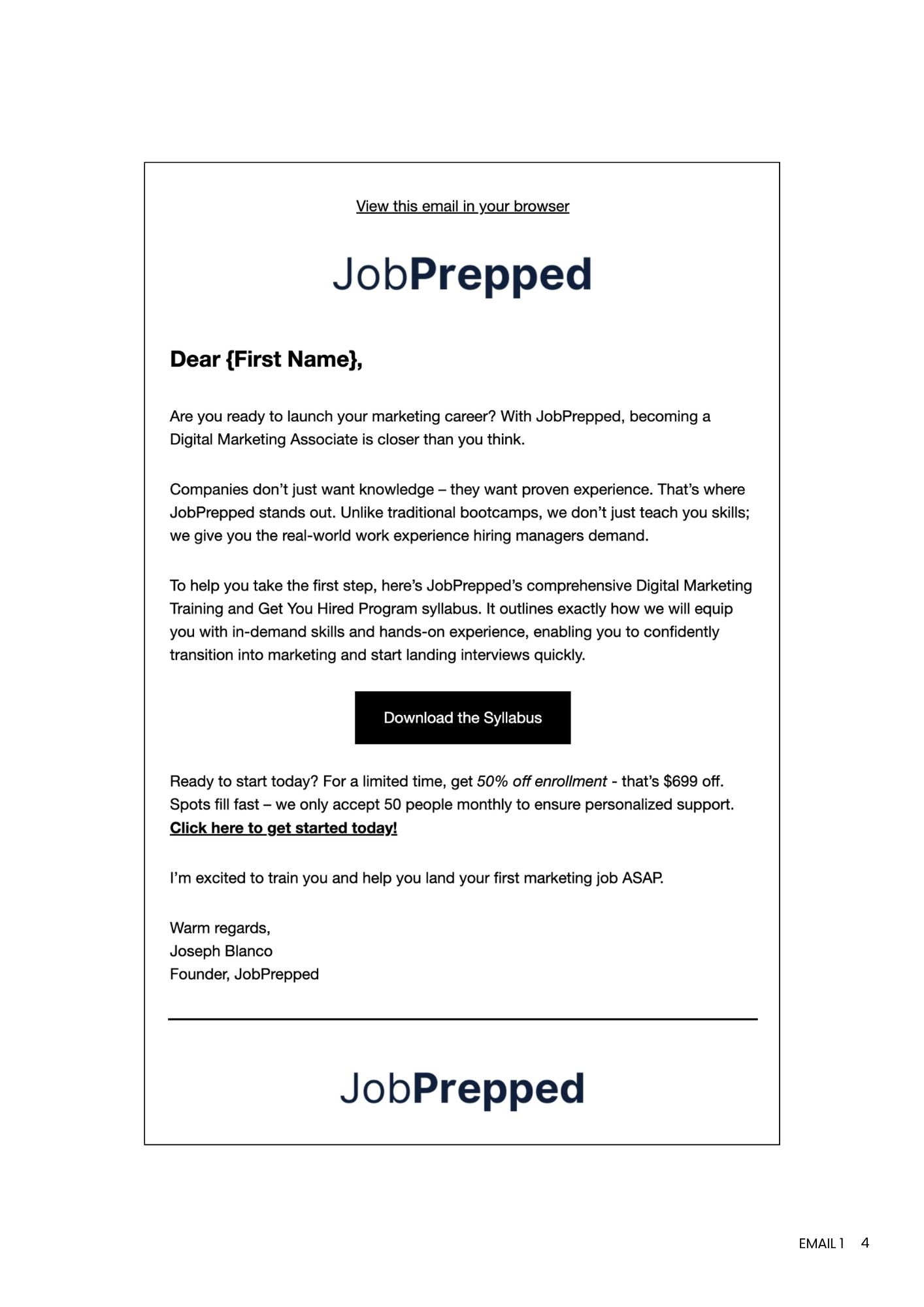 JobPrepped Email 1: introduction and program overview