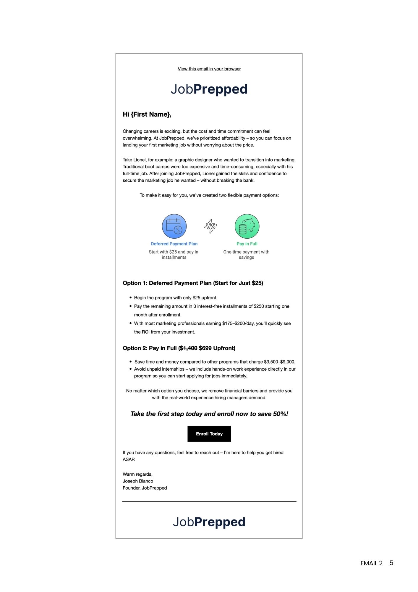 JobPrepped Email 2: overcoming affordability concerns