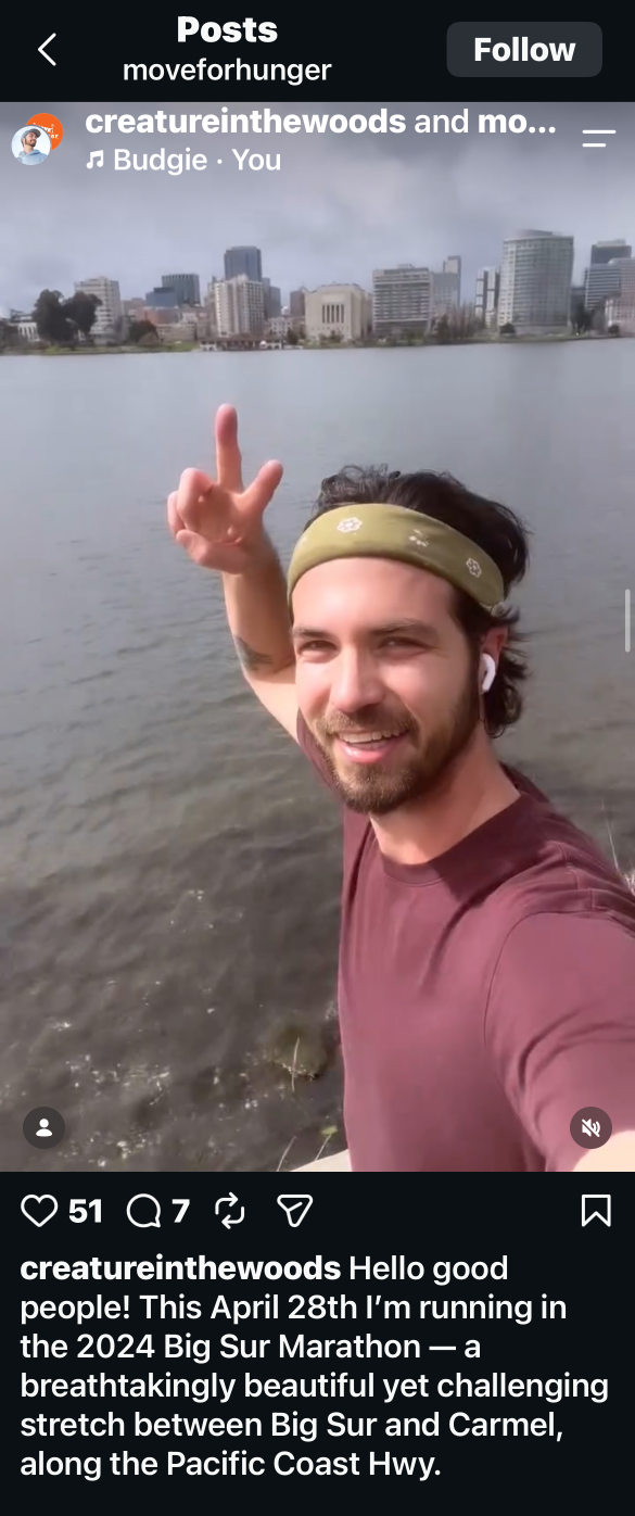 Big Sur Marathon fundraising Instagram post