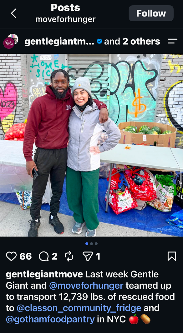 Gentle Giant and Move For Hunger rescued food delivery Instagram post