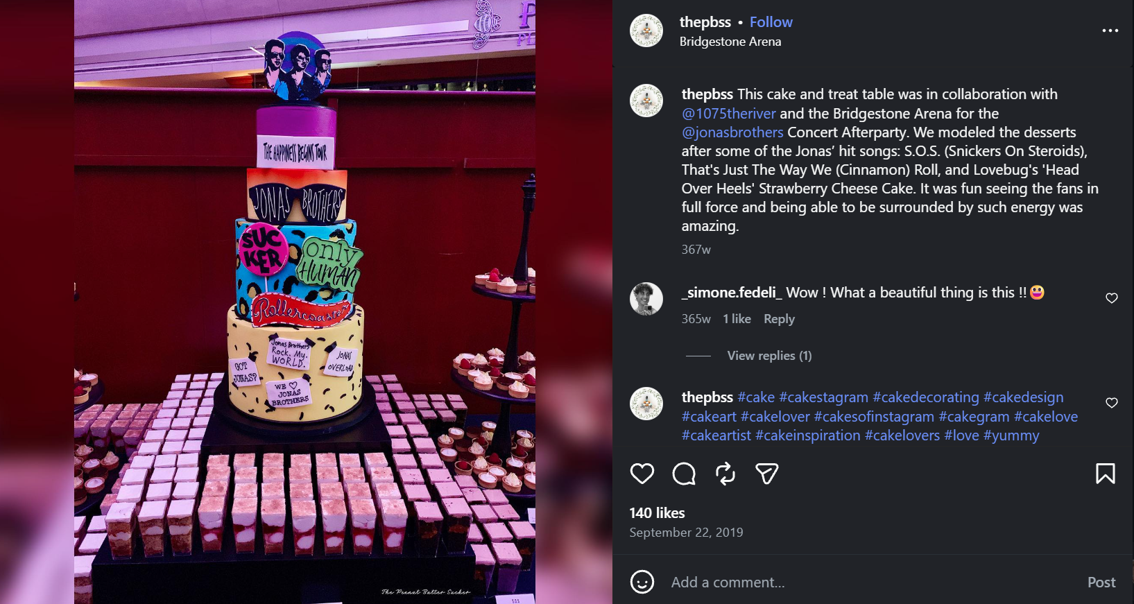Jonas Brothers concert afterparty cake and dessert table Instagram post