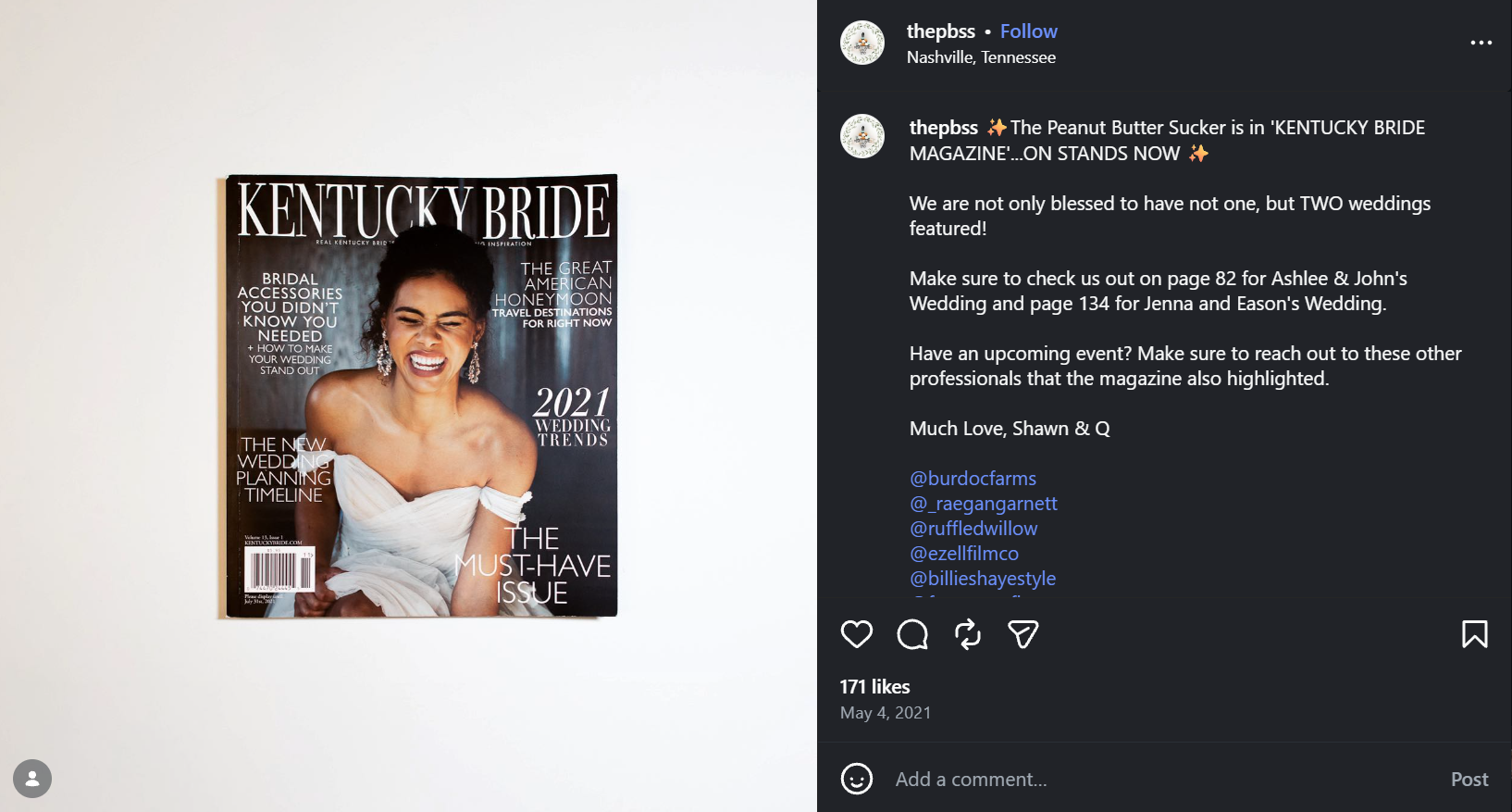 Kentucky Bride magazine feature Instagram post