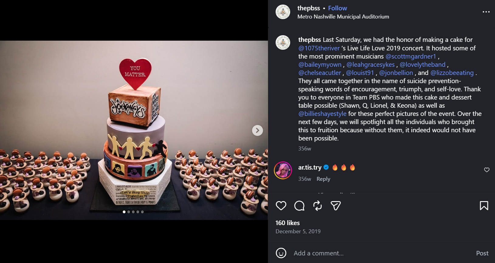 Life Love 2019 concert cake and dessert table Instagram post